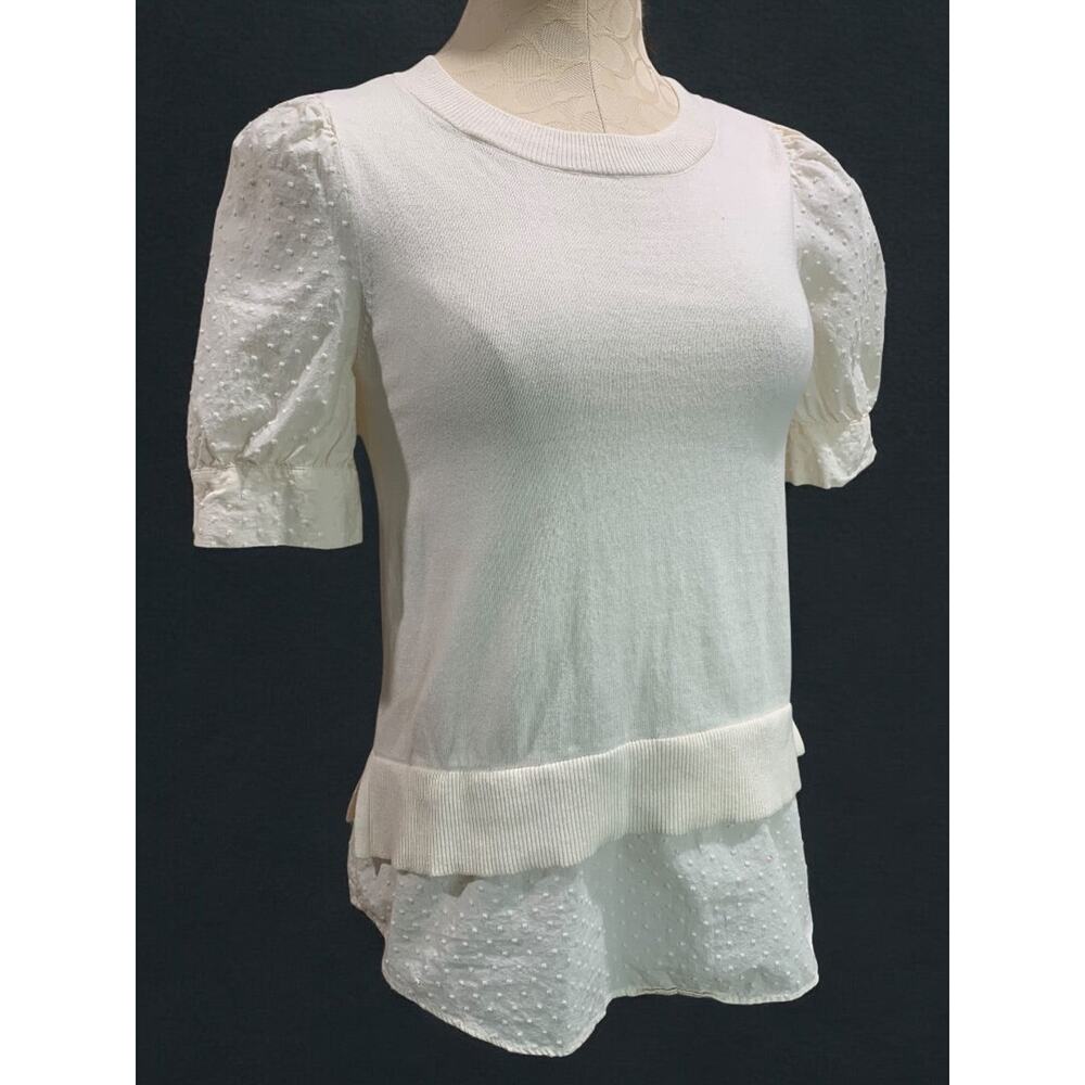 XS Loft Womens Ivory Short Sleeve Sweater Swiss Dot Trim